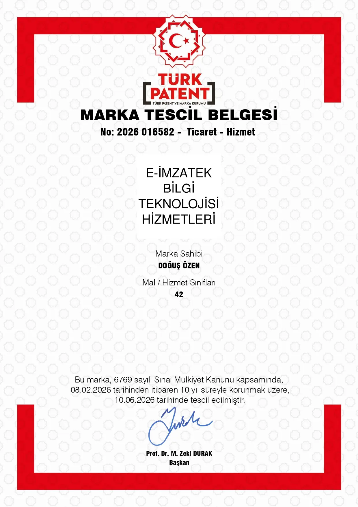 E-İmzatek Türk Patent Marka Tescil Belgesi